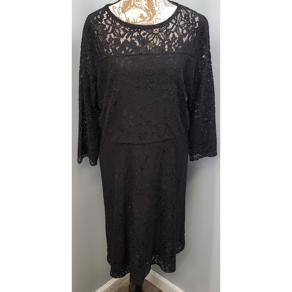 LOFT Cocktail Midi Dress Womens 14 Black Floral Yoke Lace Overlay Back Zip Party
